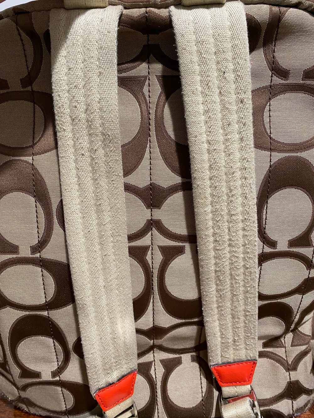 Coach Women Signature Canvas Backpack in Khaki with Orange Trim - Picture 8 of 16